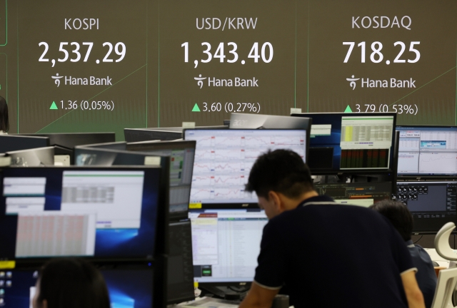 An electronic board showing the Korea Composite Stock Price Index at a dealing room of the Hana Bank headquarters in Seoul on Tuesday. (Yonhap)