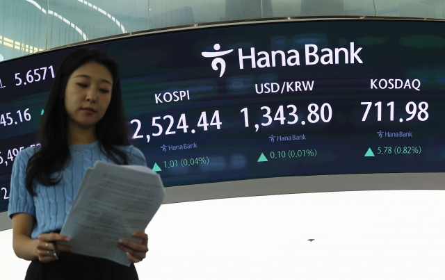 An electronic board showing the Korea Composite Stock Price Index at a dealing room of the Hana Bank headquarters in Seoul on Wednesday. (Yonhap)