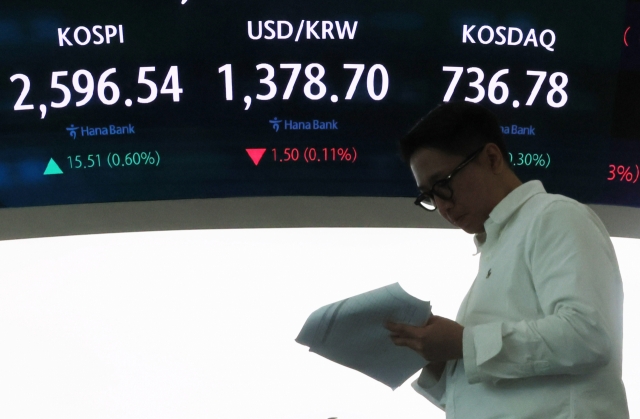 An electronic board showing the Korea Composite Stock Price Index at a dealing room of the Hana Bank headquarters in Seoul on Friday. (Yonhap)