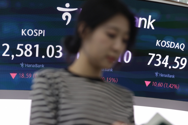 An electronic board showing the Korea Composite Stock Price Index at a dealing room of the Hana Bank headquarters in Seoul on Thursday. (Yonhap)