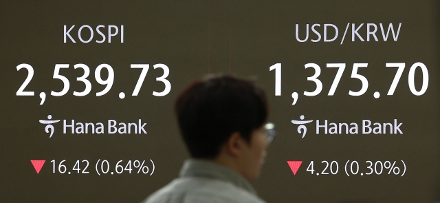 An electronic board showing the Korea Composite Stock Price Index at a dealing room of the Hana Bank headquarters in Seoul on Friday. (Yonhap)