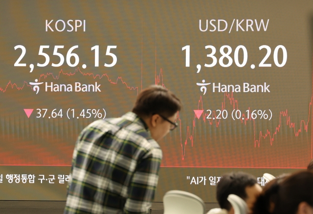 An electronic board showing the Korea Composite Stock Price Index at a dealing room of the Hana Bank headquarters in Seoul on Thursday. (Yonhap)