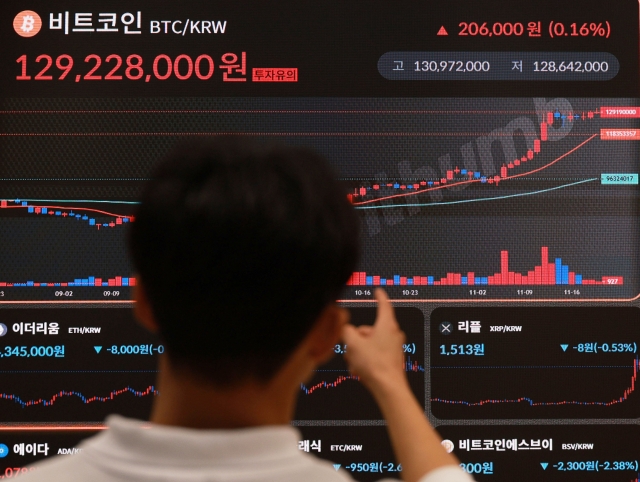 The prices of Bitcoin and other cryptocurrencies are on display at a Bithumb lounge in southern Seoul on Wednesday. (Yonhap)