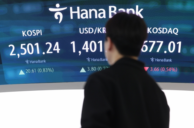 An electronic board showing the Korea Composite Stock Price Index at a dealing room of the Hana Bank headquarters in Seoul on Friday. (Yonhap)