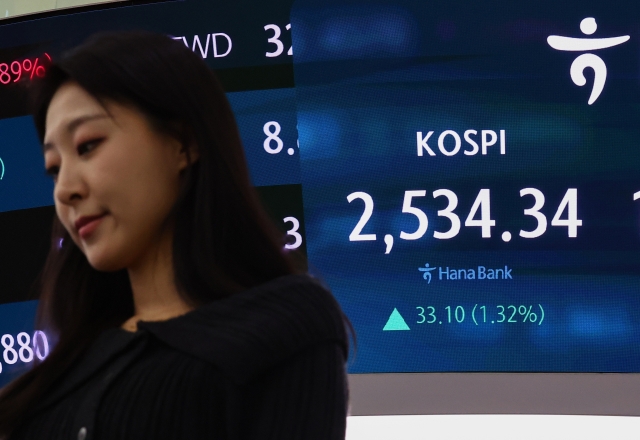 An electronic board showing the Korea Composite Stock Price Index at a dealing room of the Hana Bank headquarters in Seoul on Monday. (Yonhap)