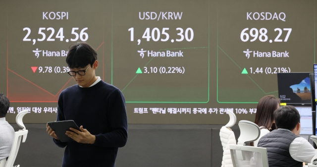 An electronic board showing the Korea Composite Stock Price Index at a dealing room of the Hana Bank headquarters in Seoul on Tuesday. (Yonhap)