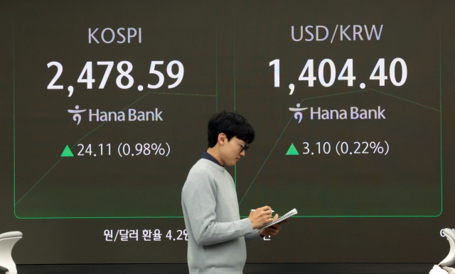 An electronic board showing the Korea Composite Stock Price Index at a dealing room of the Hana Bank headquarters in Seoul on Tuesday. (Yonhap)